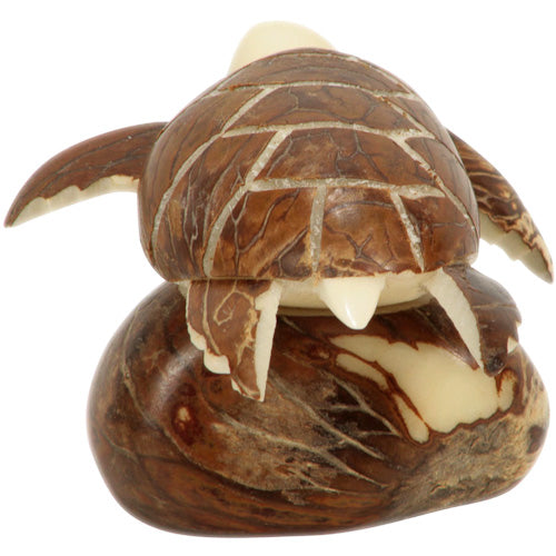<center>Tagua Sea Turtle Figurine with Brown Shell - Back View</br> Carved by Artisans of Ecuador </br> Measures: 1-3/4” high x 2-1/4” wide x 2-3/4” deep</center>
