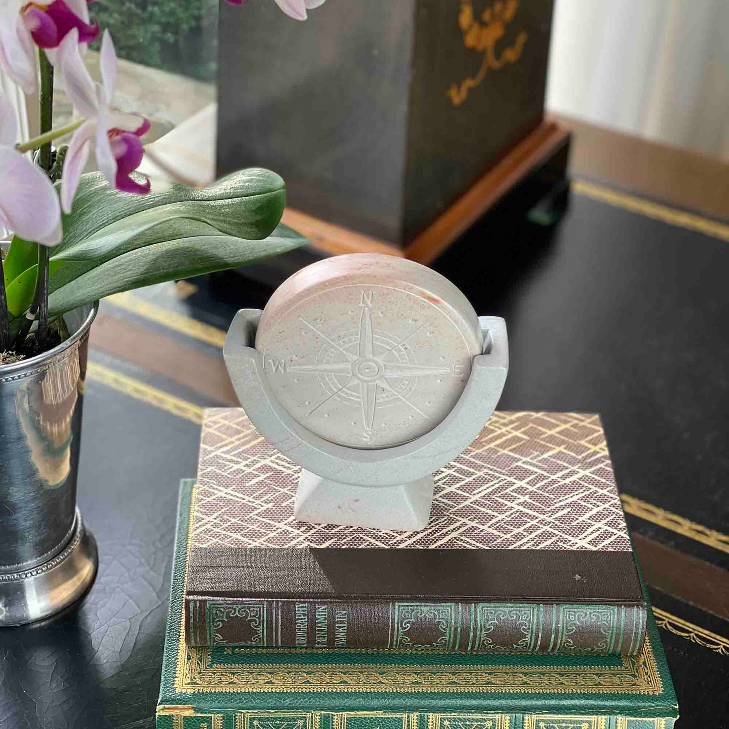 Compass Soapstone Sculpture- Light Gray Stone - Fair Trade-Kenya