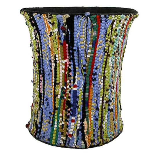 wastebasket handmade using recycled and reclaimed cloth and wire by fair trade artists in India.