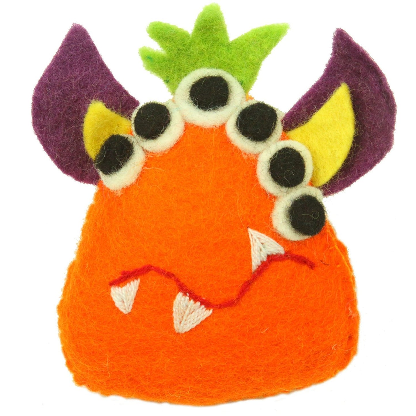 Monstruo de dientes naranjas de fieltro a mano con muchos ojos - Global Groove