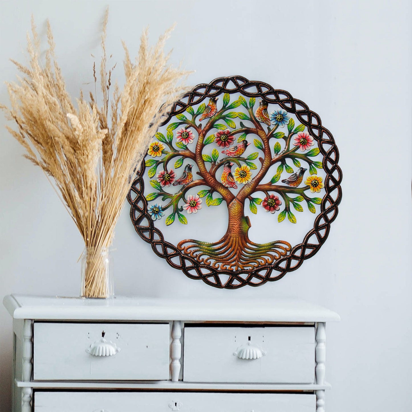 Rooted Tree of Life in Circle - Haitian Metal Drum Wall Art