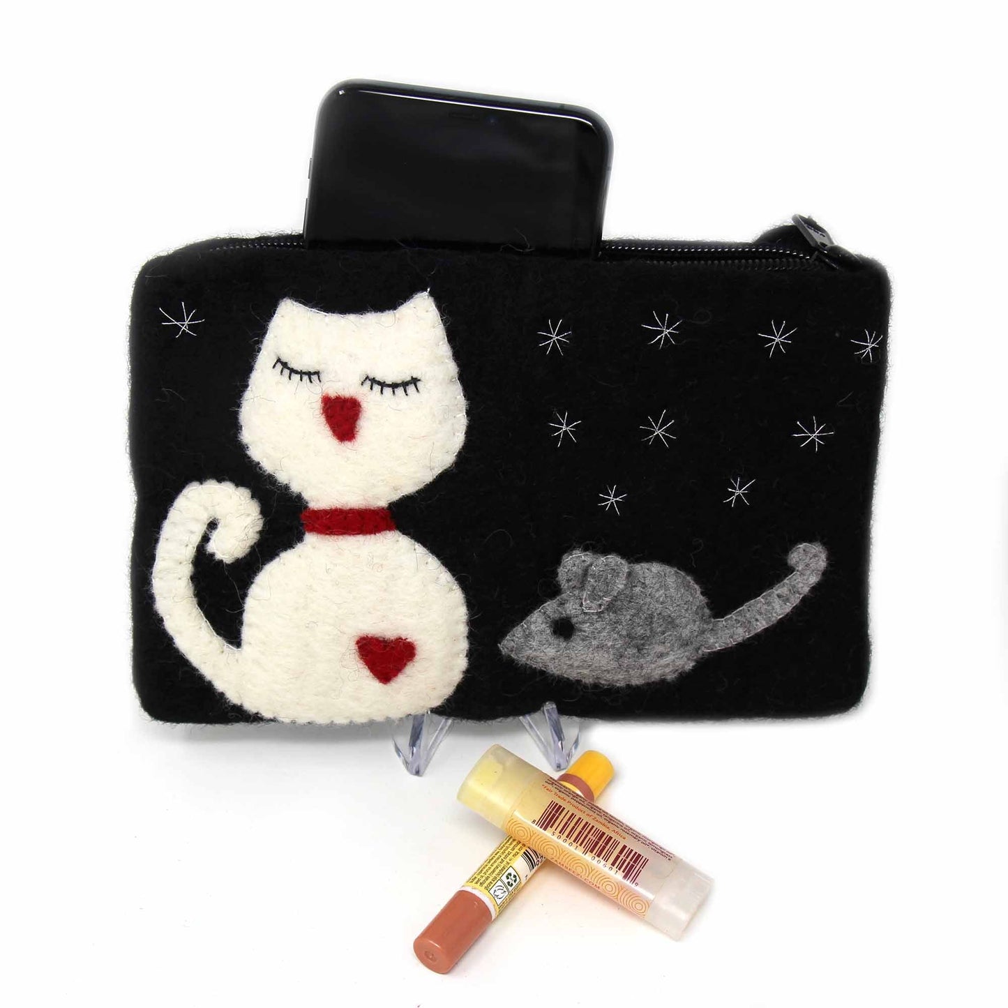 Hand Crafted Felt Pouch- White Cat & Mouse-Fair Trade-Nepal