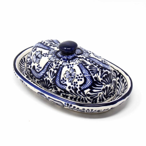 Handmade Pottery-Hand-Painted Butter Dish- Blue Flower - Encantada - Mexico