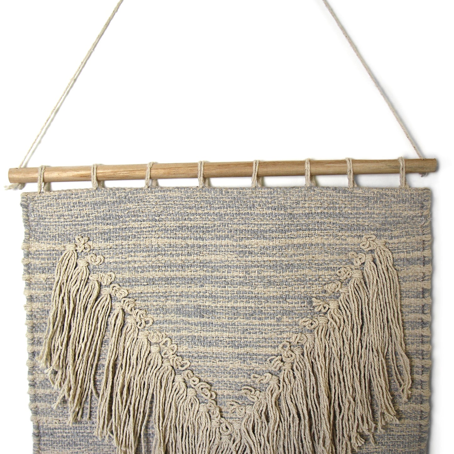 Colgante de pared Boho tejido a mano, gris azul con flecos crema
