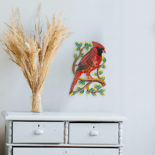 Cardinal on Branch-Hand- Painted Haitian Steel Drum Wall Art