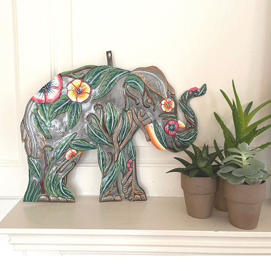 Hand-Painted Hibiscus Elephant-Haitian Metal Drum Art - Fair Trade