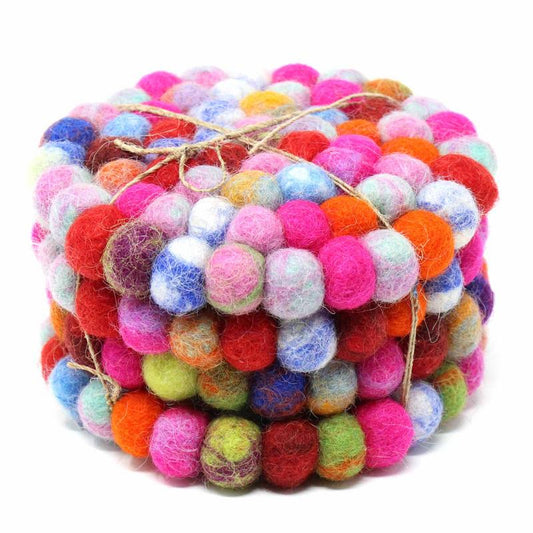 Hand Crafted Felt Ball Coasters from Nepal-4 Pk- Rainbow-Fair Trade