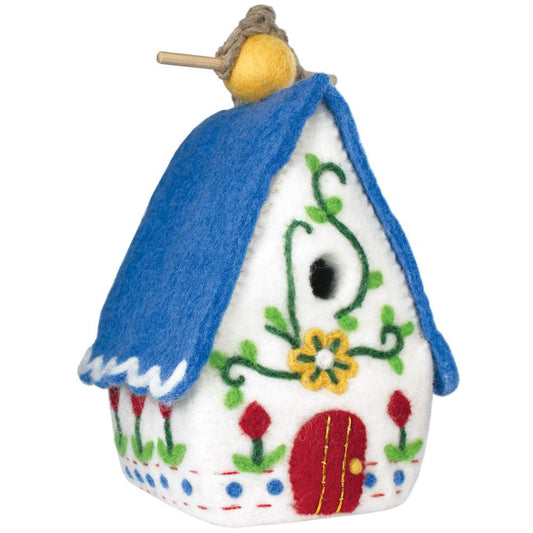 Hand-Crafted Felt Heidi Chalet Birdhouse - White/ Blue - Wild Woolies- Nepal
