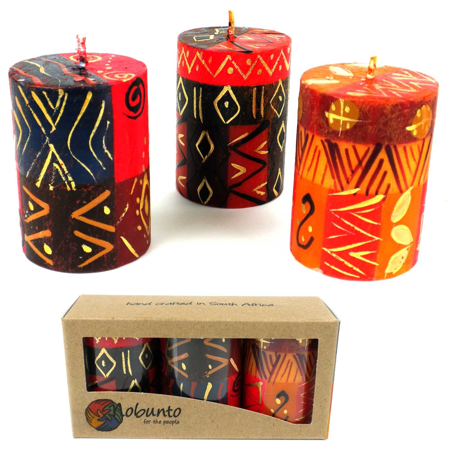 Set of 3 Hand-Painted Candles -Bongazi Design-Red/Orange/Yellow/Brown-South Africa-Fair Trade