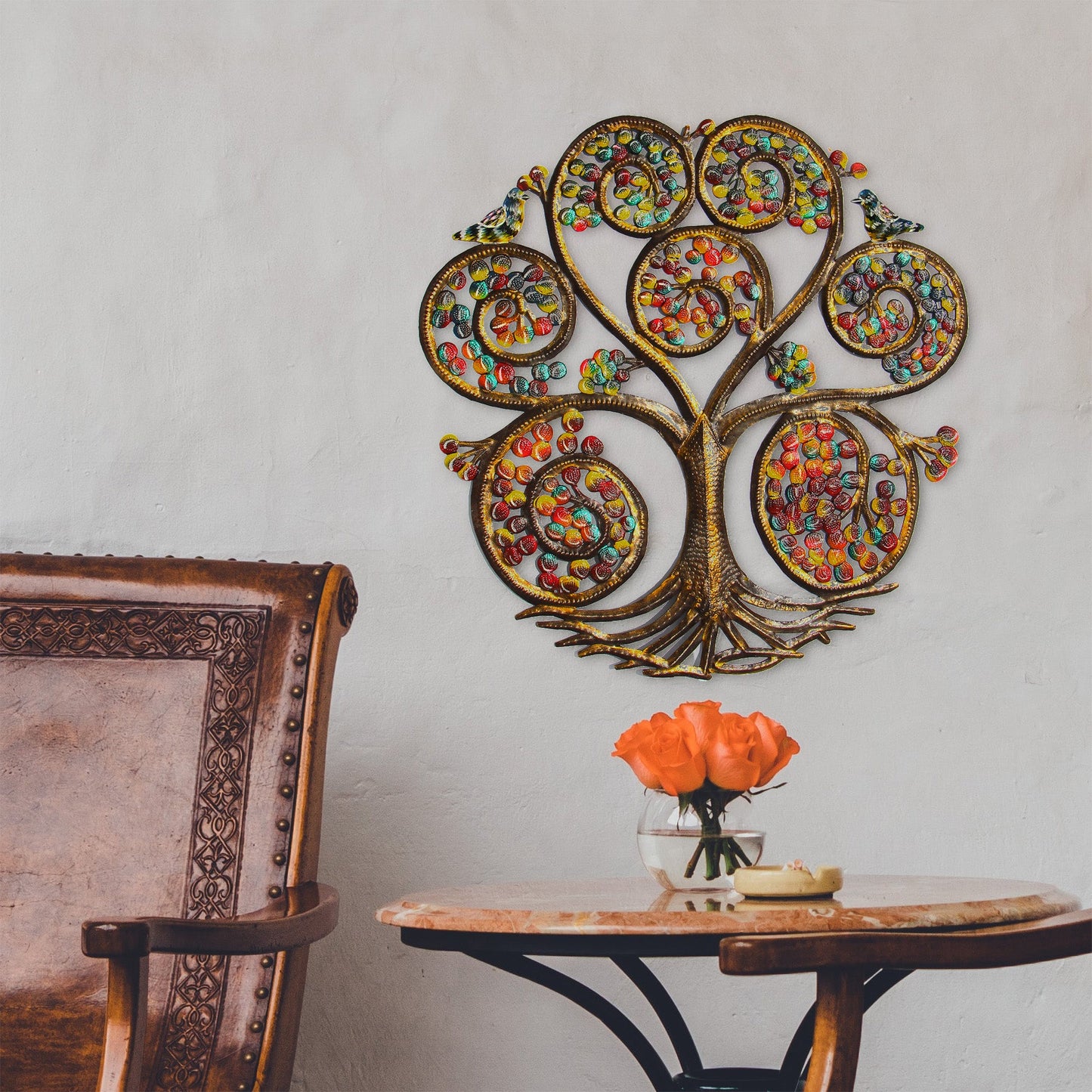 Arte de pared de tambor de acero haitiano del árbol de la vida en espiral de otoño