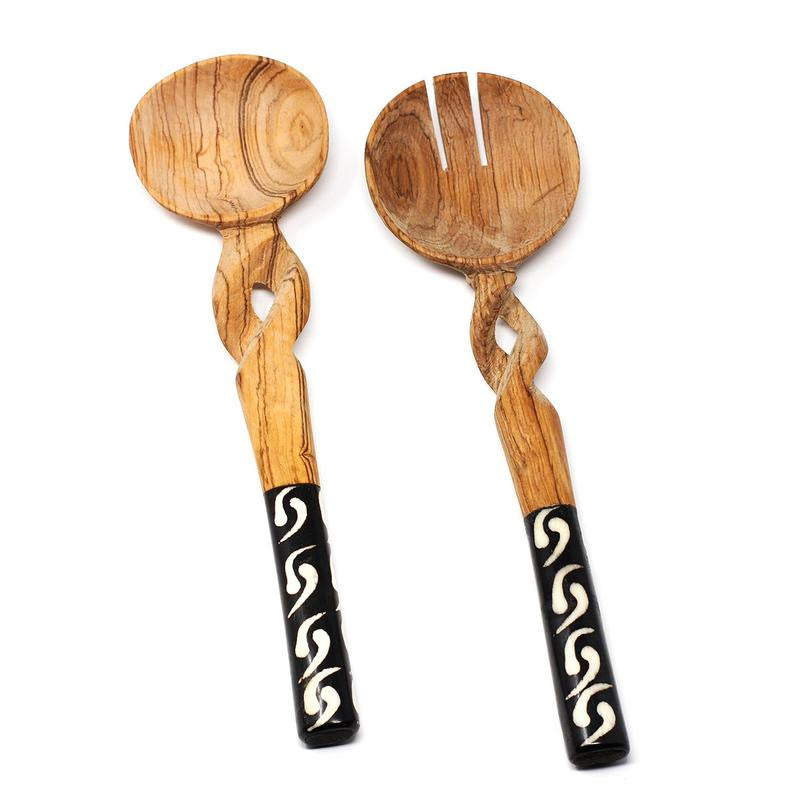 Juego para servir ensalada de madera de olivo de 11 pulgadas con asas retorcidas - Jedando Handicrafts