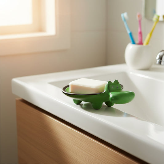 A hand-carved green soapstone bowl in the shape of a hippo, with leaf patterns on it, indicating it is a decorative item.