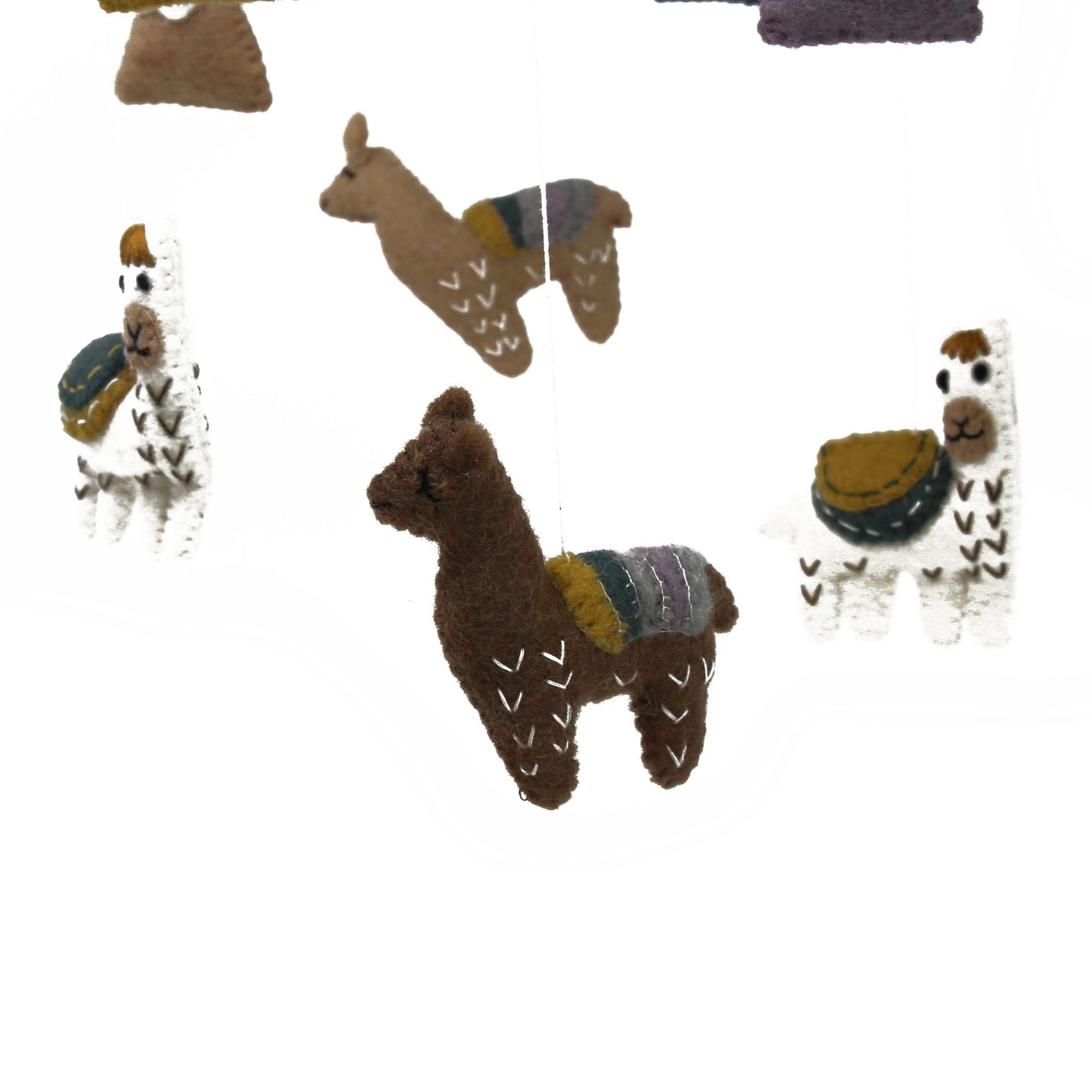 hand-felted llama and snow capped mountains baby mobile created using 100 percent recycled wool from New Zealand by female artists in Nepal working in Fair Trade communities.