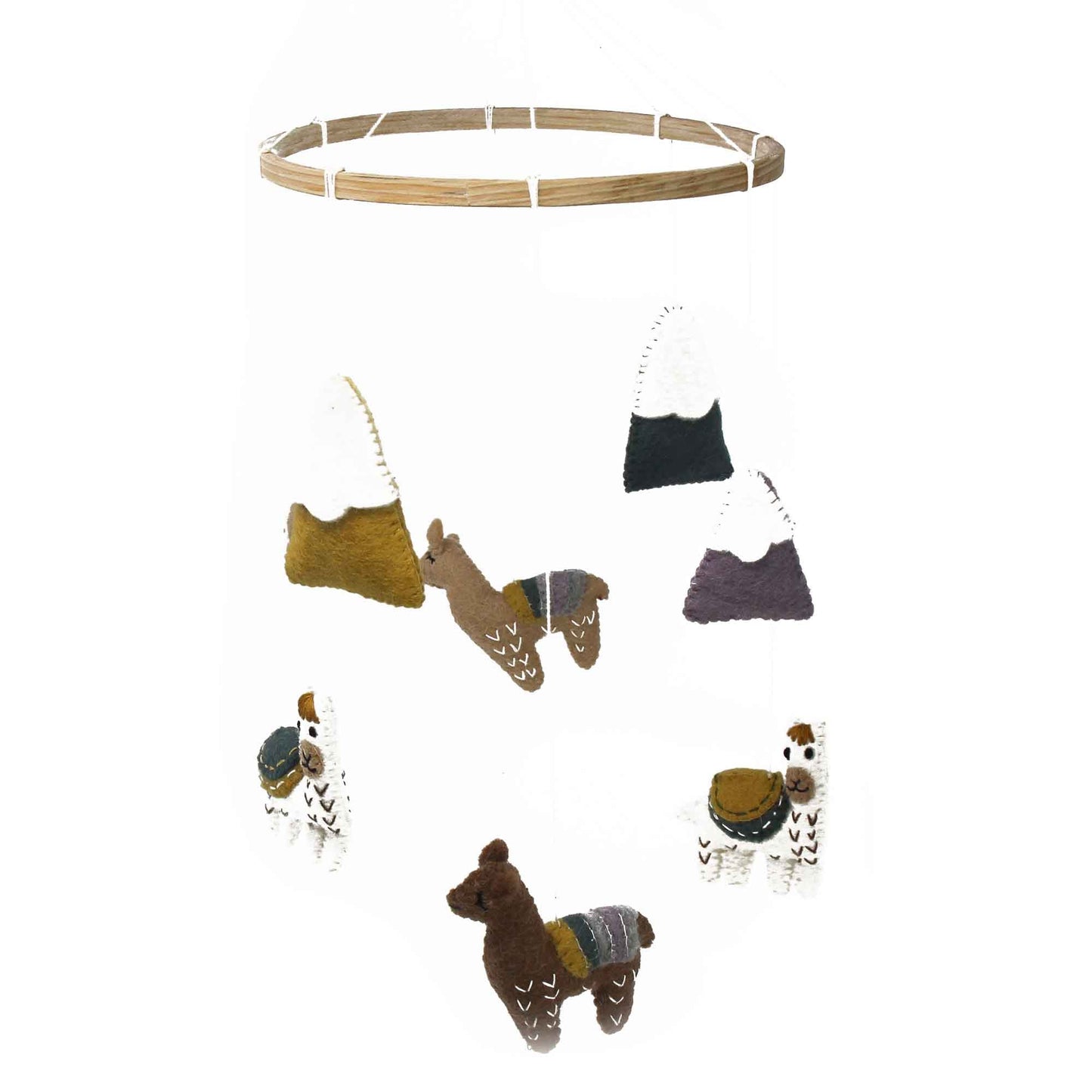 llama baby mobile created using 100 percent recycled wool felt and bamboo