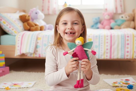 Young girl holding a tooth fairy doll in a colorful bedroom with toys around