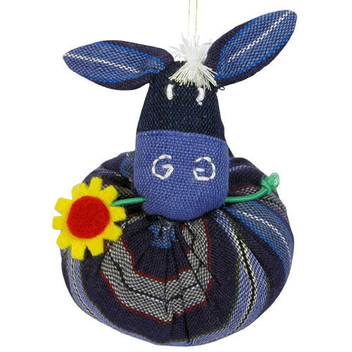 plush stuffed donkey ornament with a daisy in his mouth. Blue donkey made from recycled cotton by fair trade artists in Guatemala.