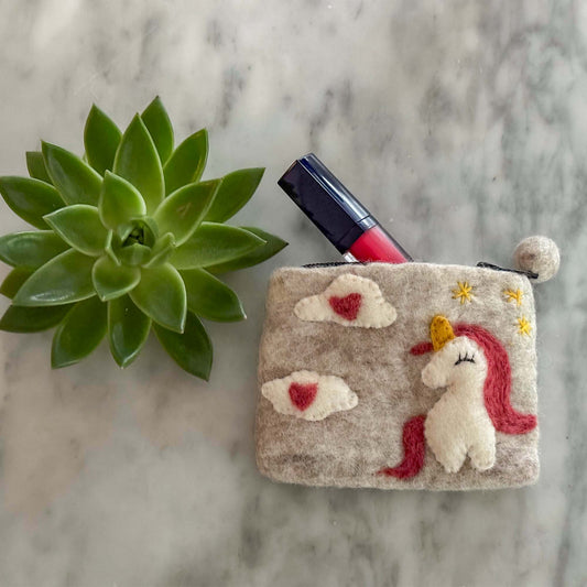 Handmade Felt Coin Purse- Red/White- Unicorn & Hearts