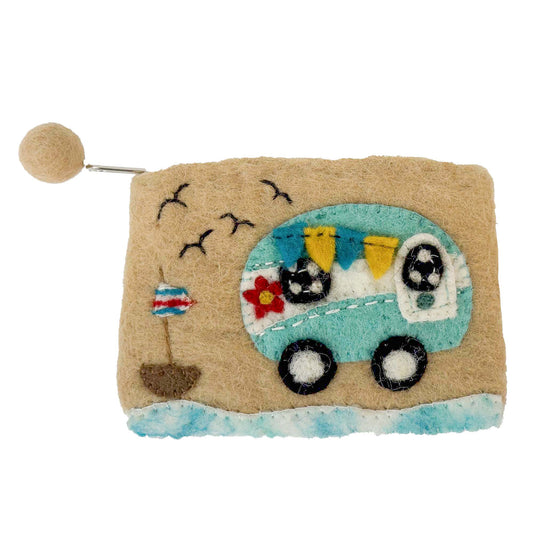 Felt pouch with a camper design on a white background