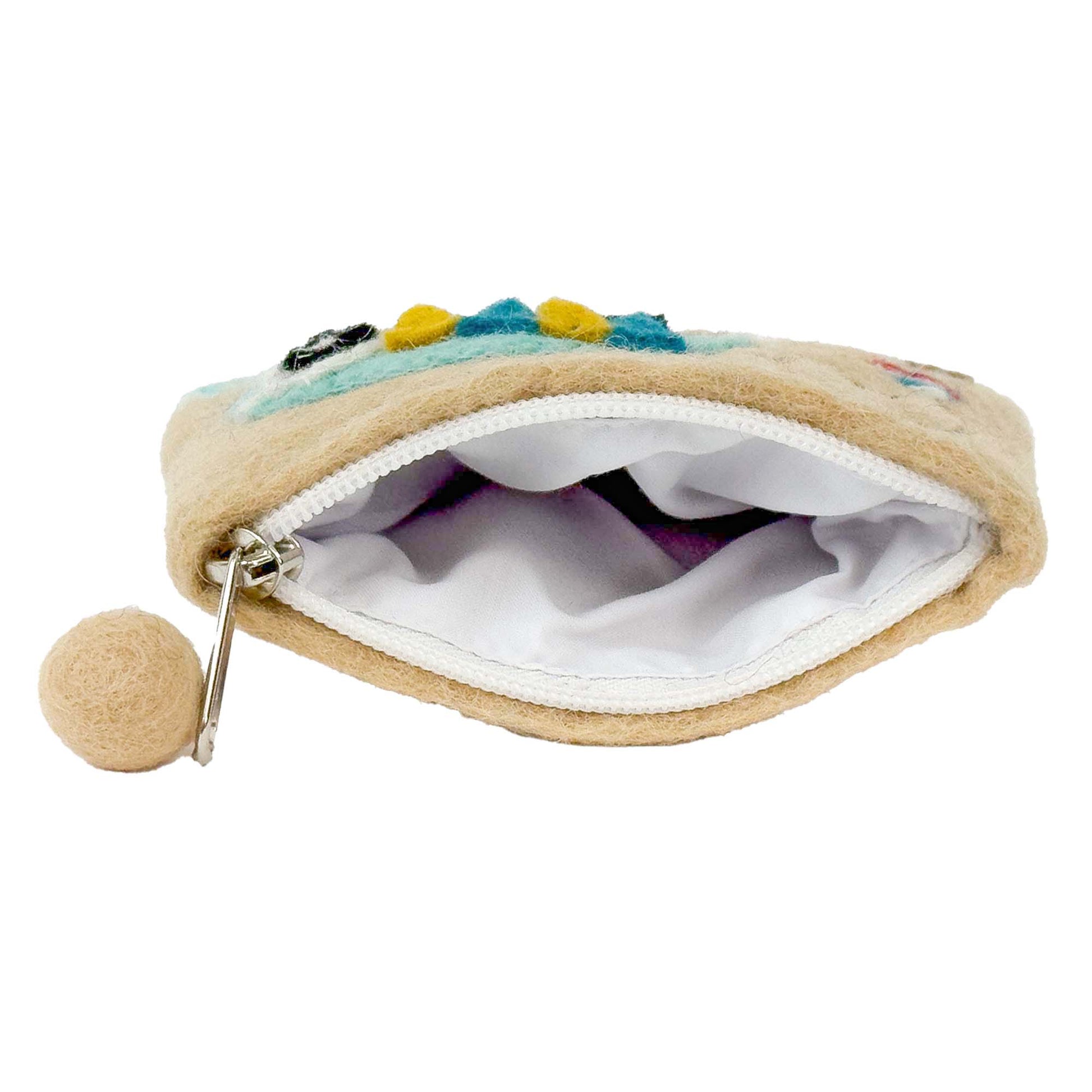Beige felt coin purse with colorful accents on a white background