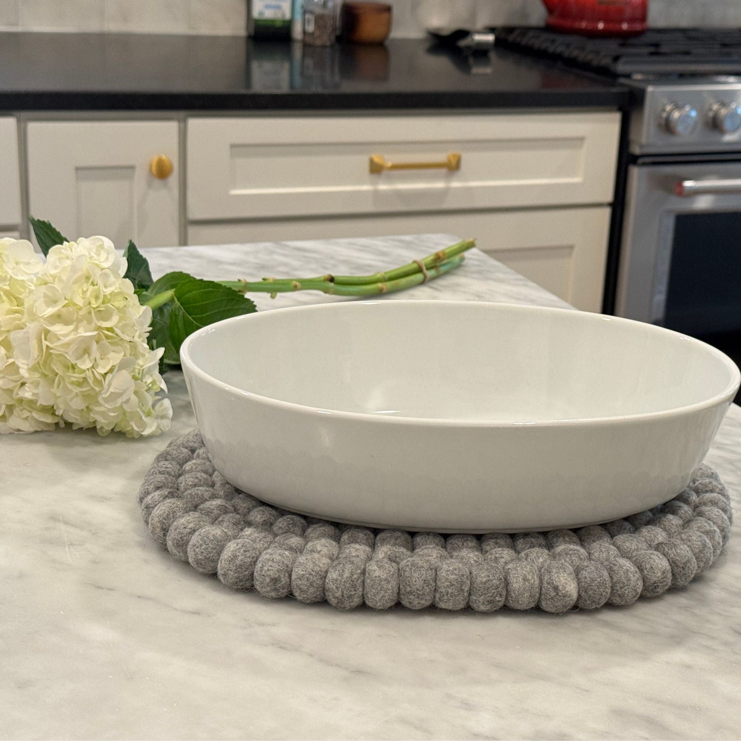 Handmade Felt Ball Oval Casserole Trivet- Heather grey/ Light Grey