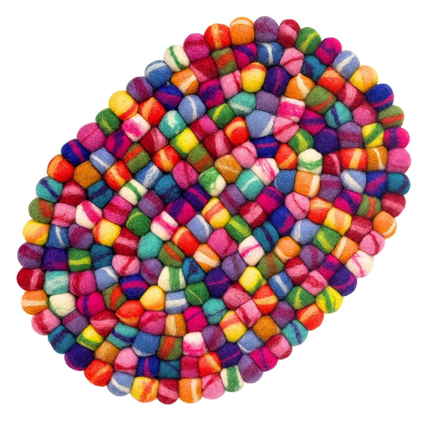 Handmade Felt Ball Oval Casserole Trivet- Rainbow Tie-Dye- Multi-Color