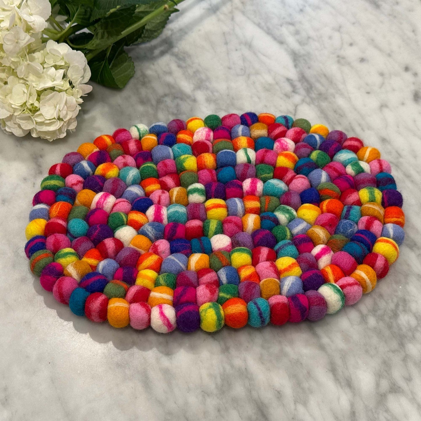 Handmade Felt Ball Oval Casserole Trivet- Rainbow Tie-Dye- Multi-Color