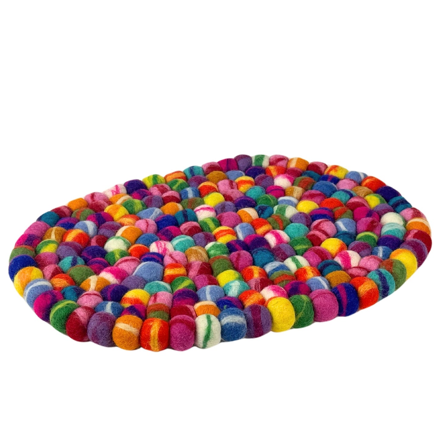 Handmade Felt Ball Oval Casserole Trivet- Rainbow Tie-Dye- Multi-Color