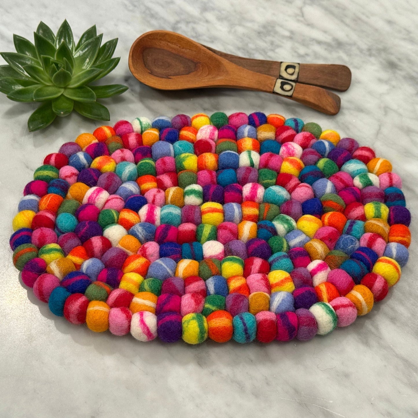 Colorful felt ball trivet with wooden spoons and a succulent on a light background