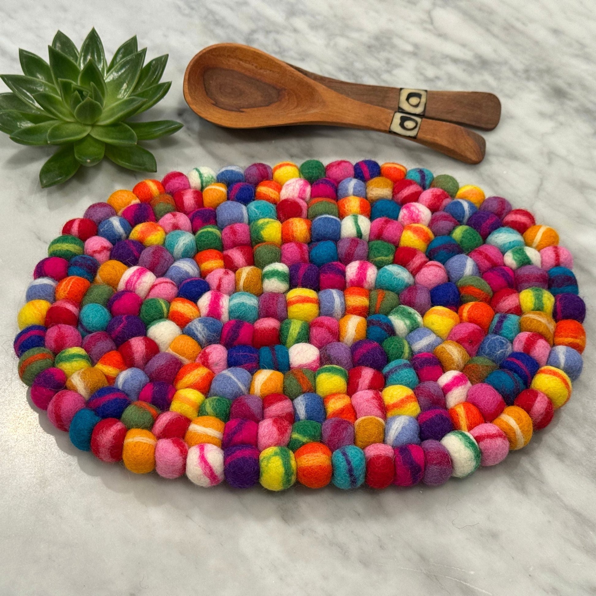 Colorful felt ball trivet with wooden spoons and a succulent on a light background