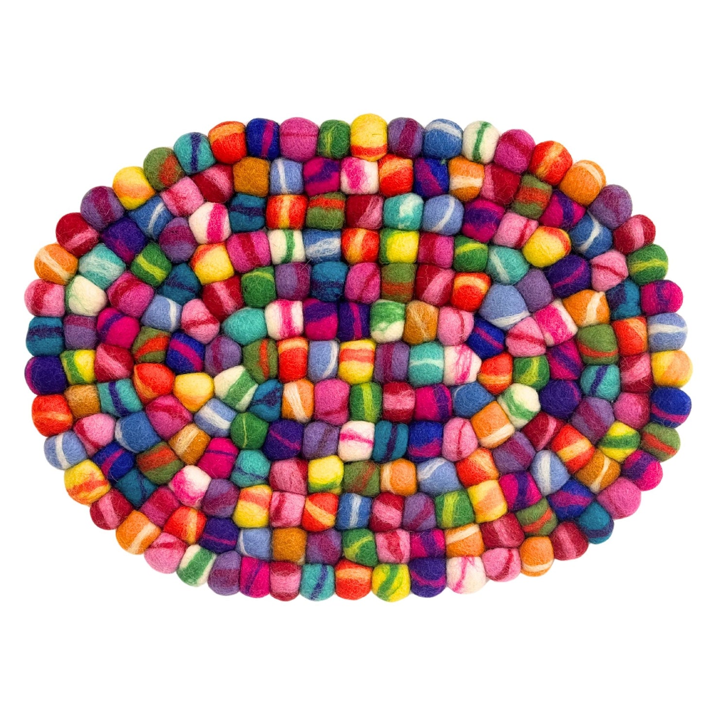 Handmade Felt Ball Oval Casserole Trivet- Rainbow Tie-Dye- Multi-Color
