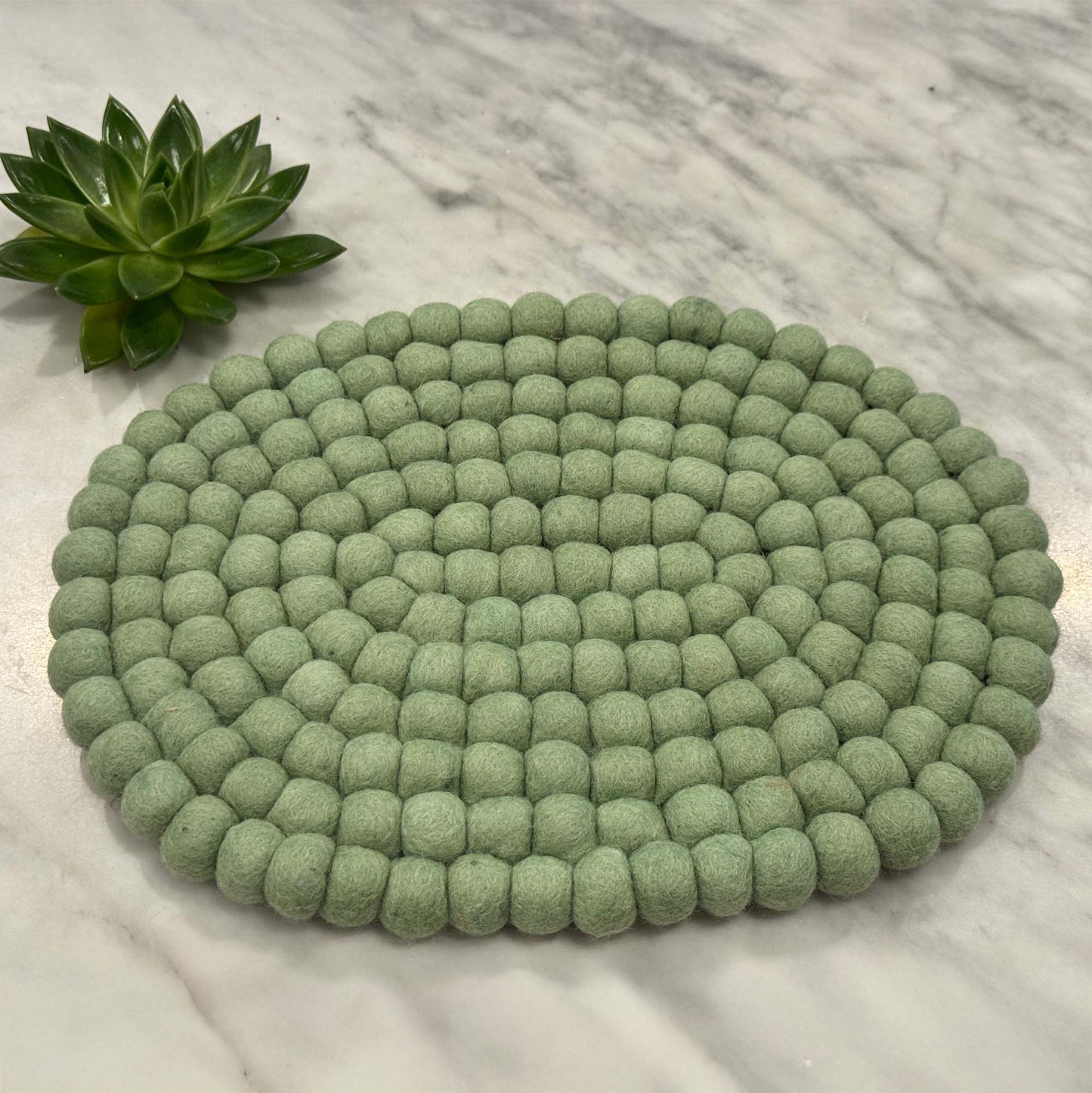 Handmade Felt Ball Oval Casserole Trivet- Sage