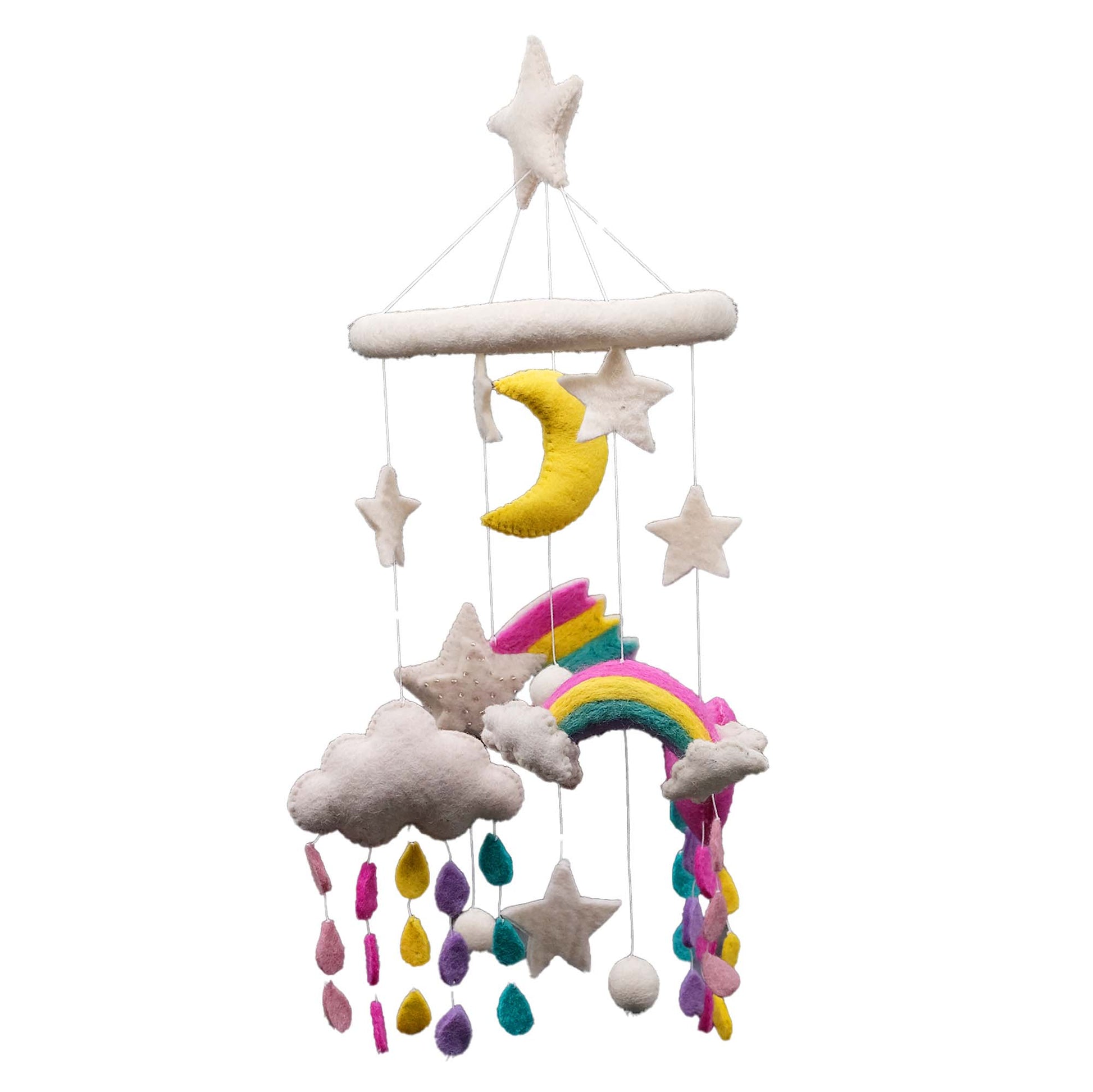 Colorful children's mobile with stars, moon, rainbow, and clouds on a white background