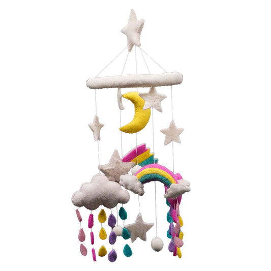Colorful children's mobile with stars, moon, rainbow, and clouds on a white background