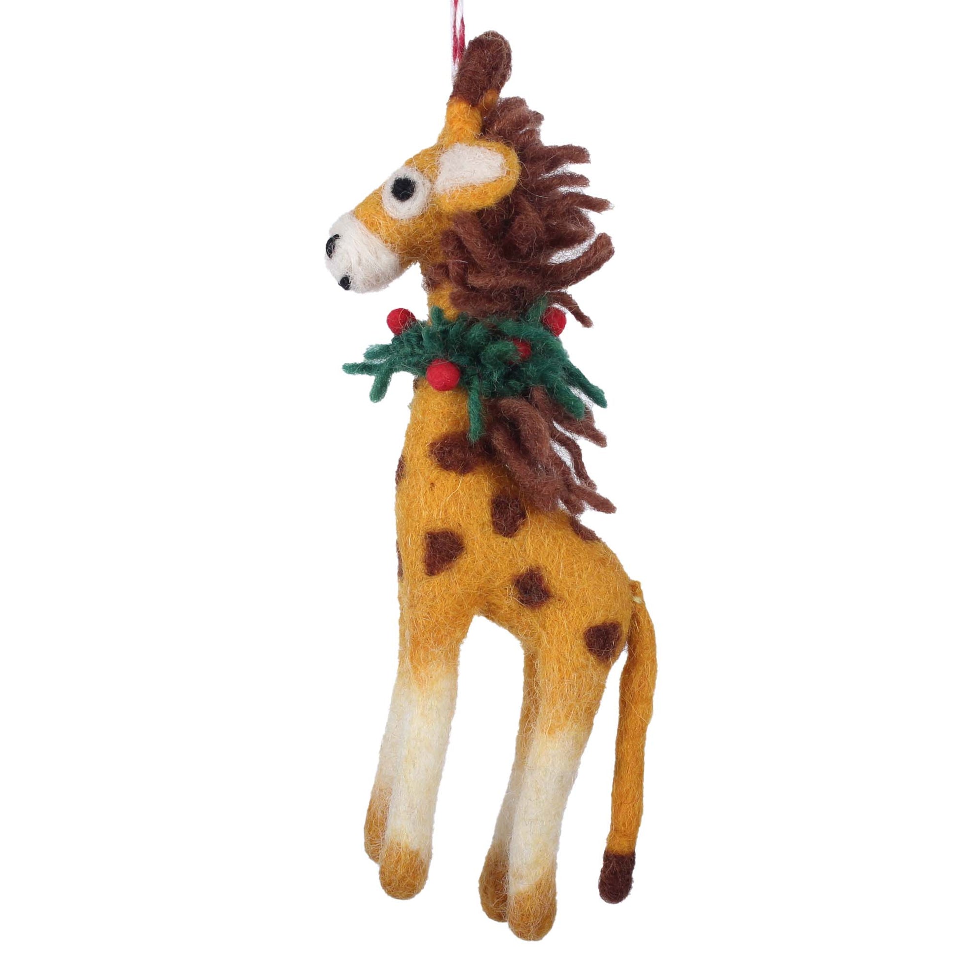 Felt giraffe ornament with a wreath on a white background