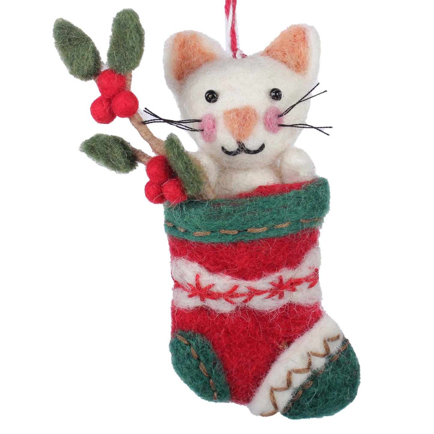 White Kitten in Holiday Stocking- Felt Christmas Ornament
