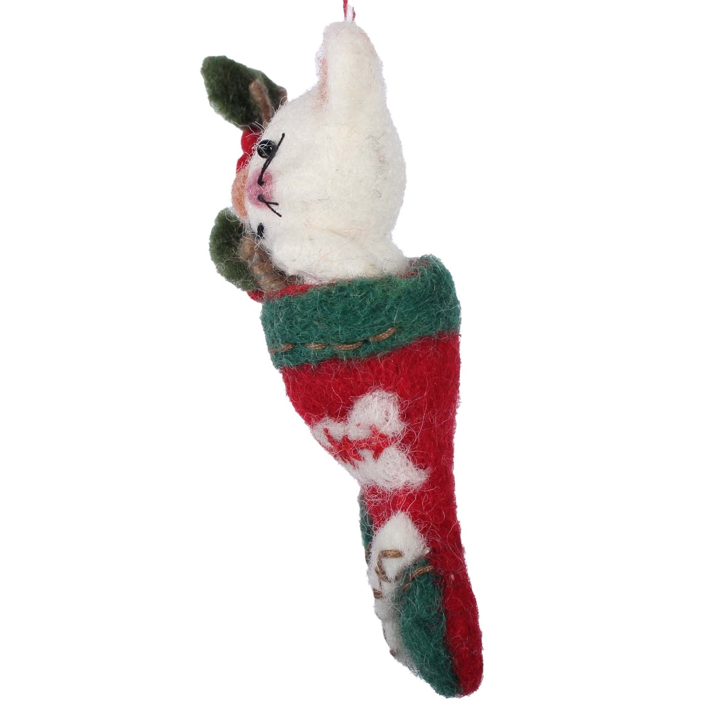 White Kitten in Holiday Stocking- Felt Christmas Ornament
