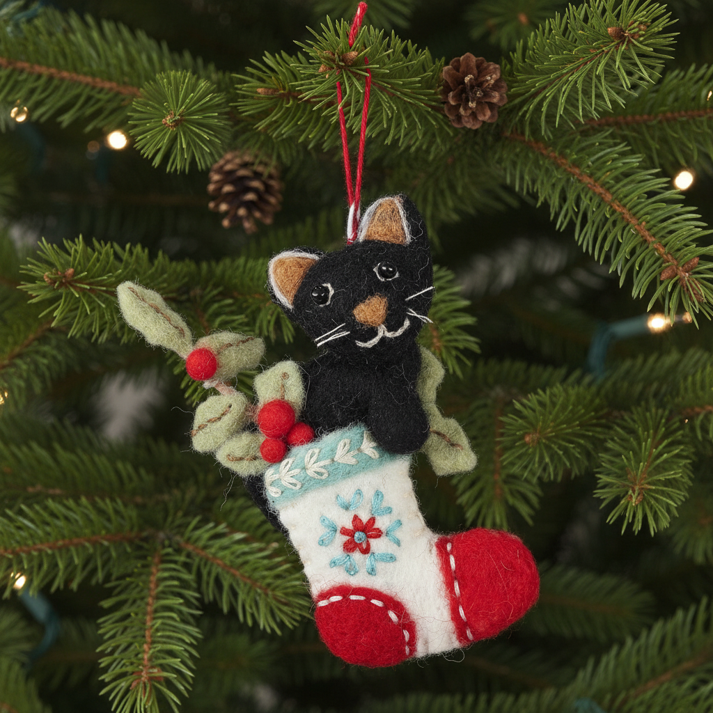 Felt ornament of a black cat on a stocking with holly leaves and berries.
