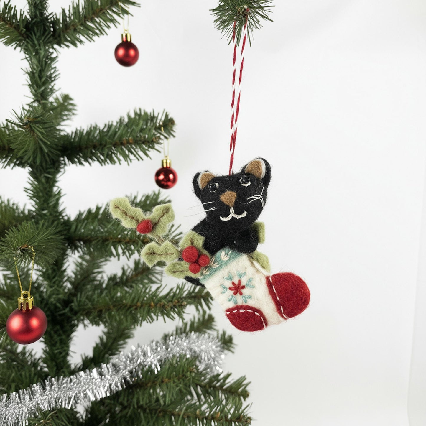 Black Kitty in Stocking Felt Christmas Ornament -Recycled Wool