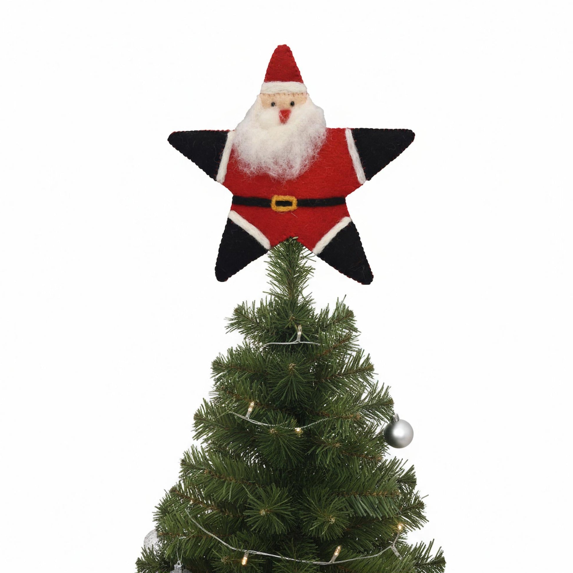 Star-shaped Santa Claus figure on top of a Christmas tree with white background