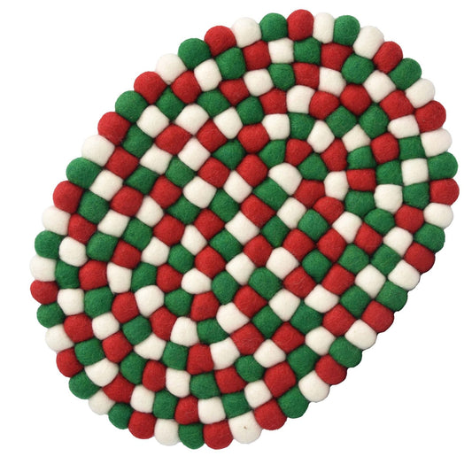 Handmade Felt Ball Oval Casserole Trivet- Classic Christmas Colors