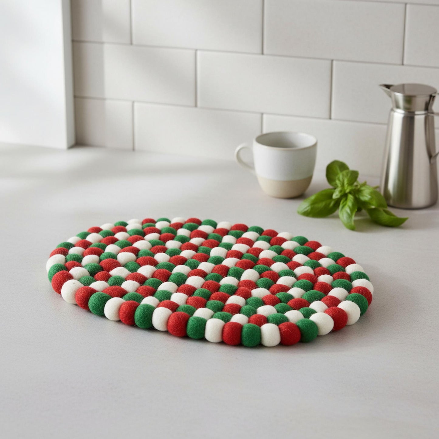 Handmade Felt Ball Oval Casserole Trivet- Classic Christmas Colors