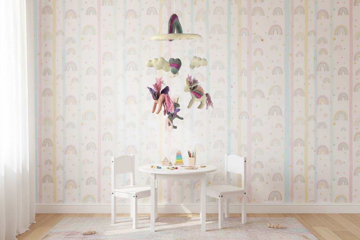 Children's mobile with unicorns, clouds, and a rainbow on a white background