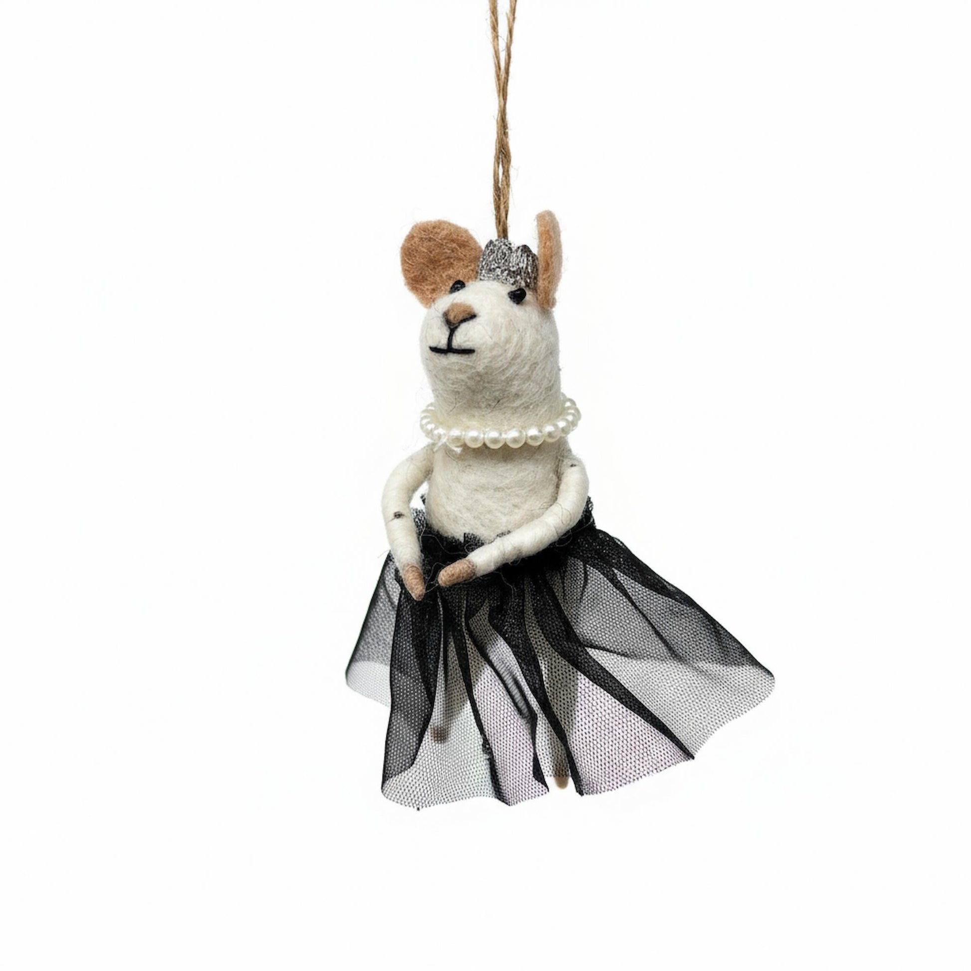 Decorative ornament of a llama in a black dress with a pearl necklace on a white background
