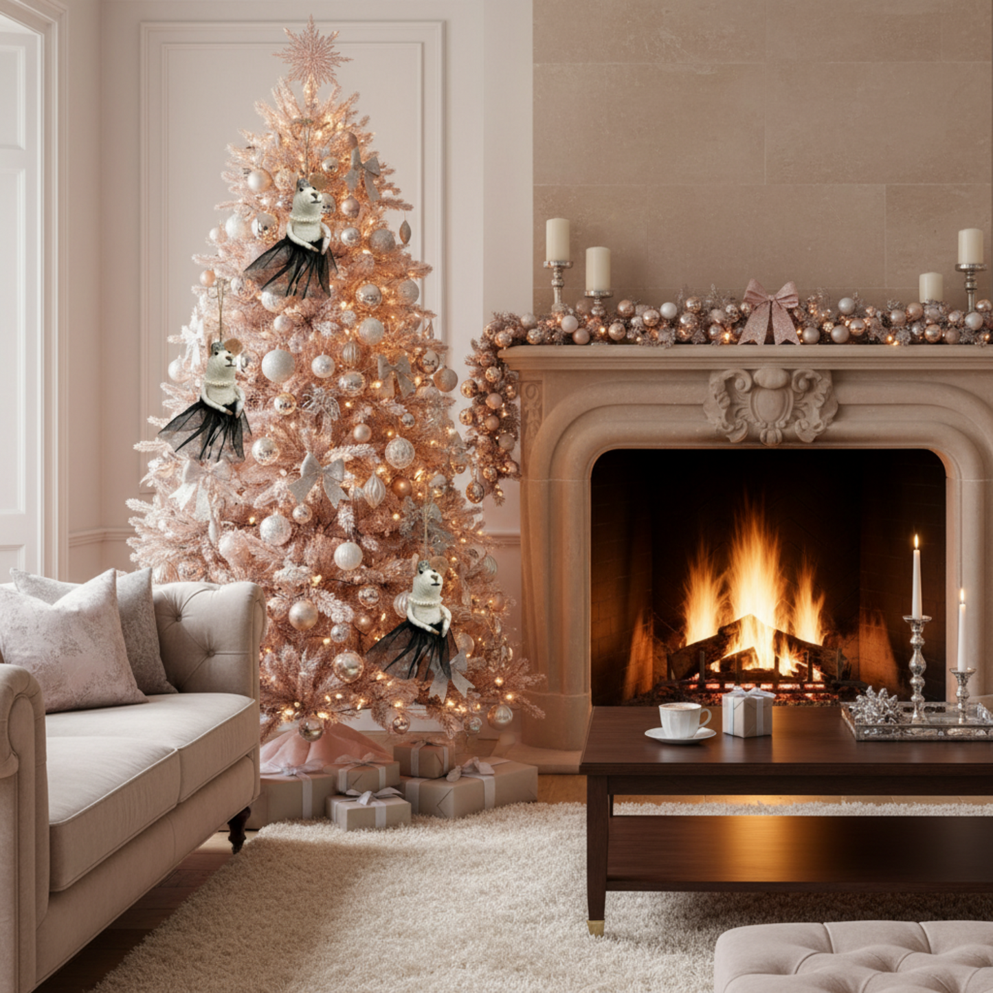 Cozy living room with a decorated Christmas tree and fireplace.