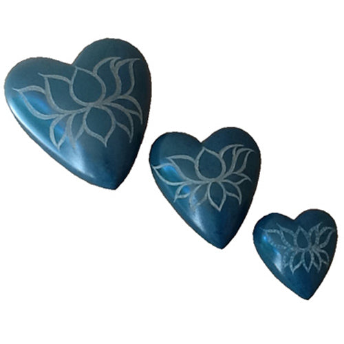 Hand-Carved Soapstone Heart w/ Etched Lotus-Teal-S/M/L Sizes-Fair Trade-Haiti