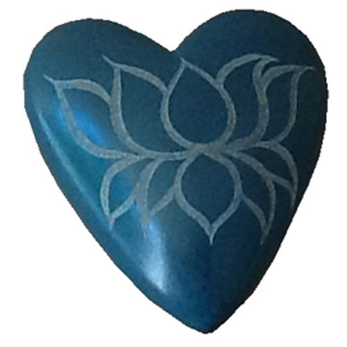Hand-Carved Soapstone Heart w/ Etched Lotus-Teal-S/M/L Sizes-Fair Trade-Haiti