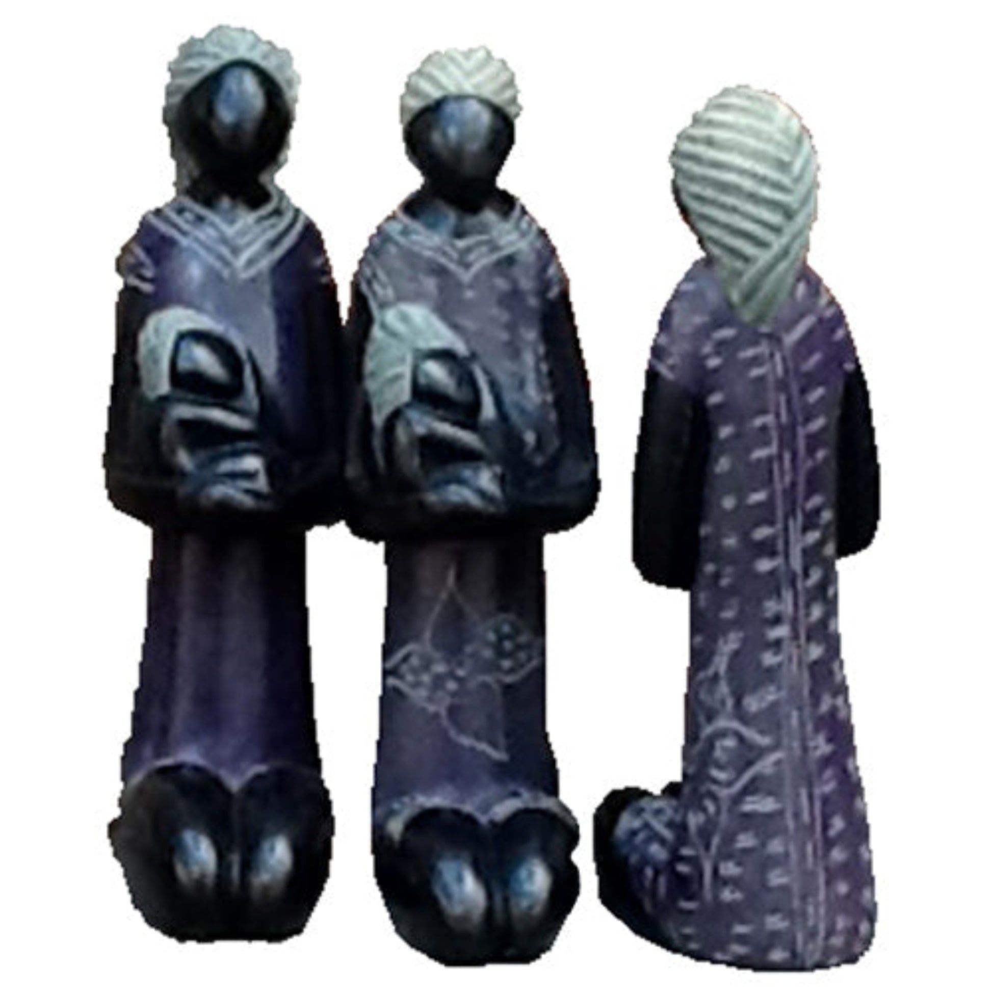 A hand-carved soapstone sculpture depicting a mother and child, with the mother in purple and black colors.