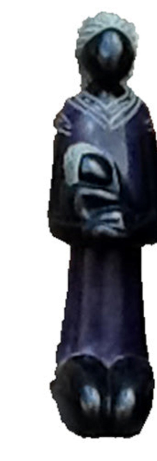 A Soapston statue of a mother holding a child in colors of deep purple and black on a white background