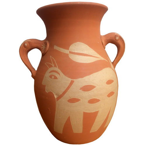 A terracotta vase with handles featuring animal patterns, primarily in a brown color.