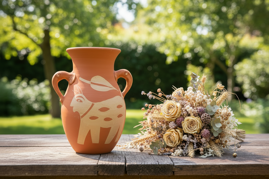 Terracotta vase with animal design next to a bouquet of flowers on a wooden table outdoors.